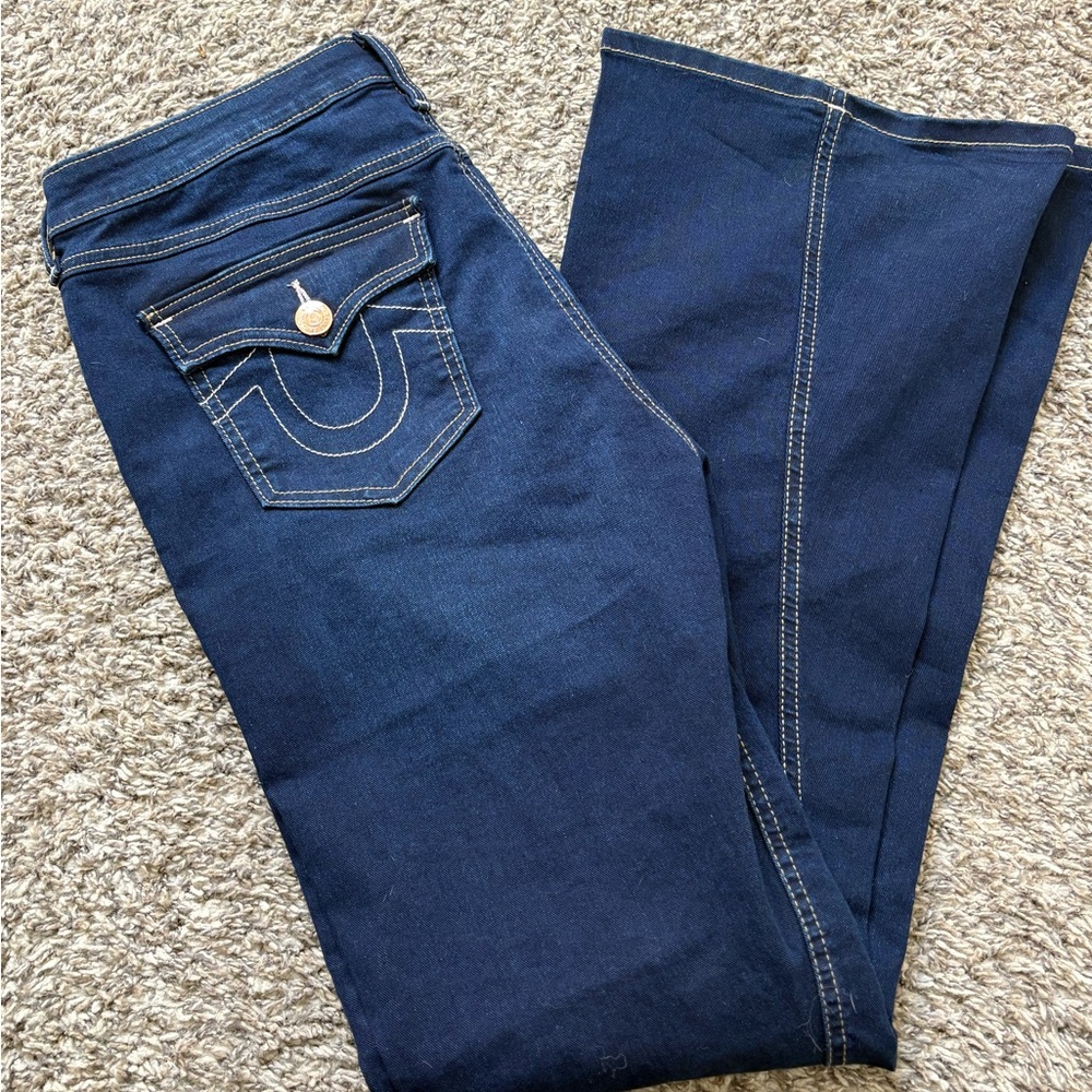 True Religion Joey Mid Rise Flare Jeans in Dark Blue